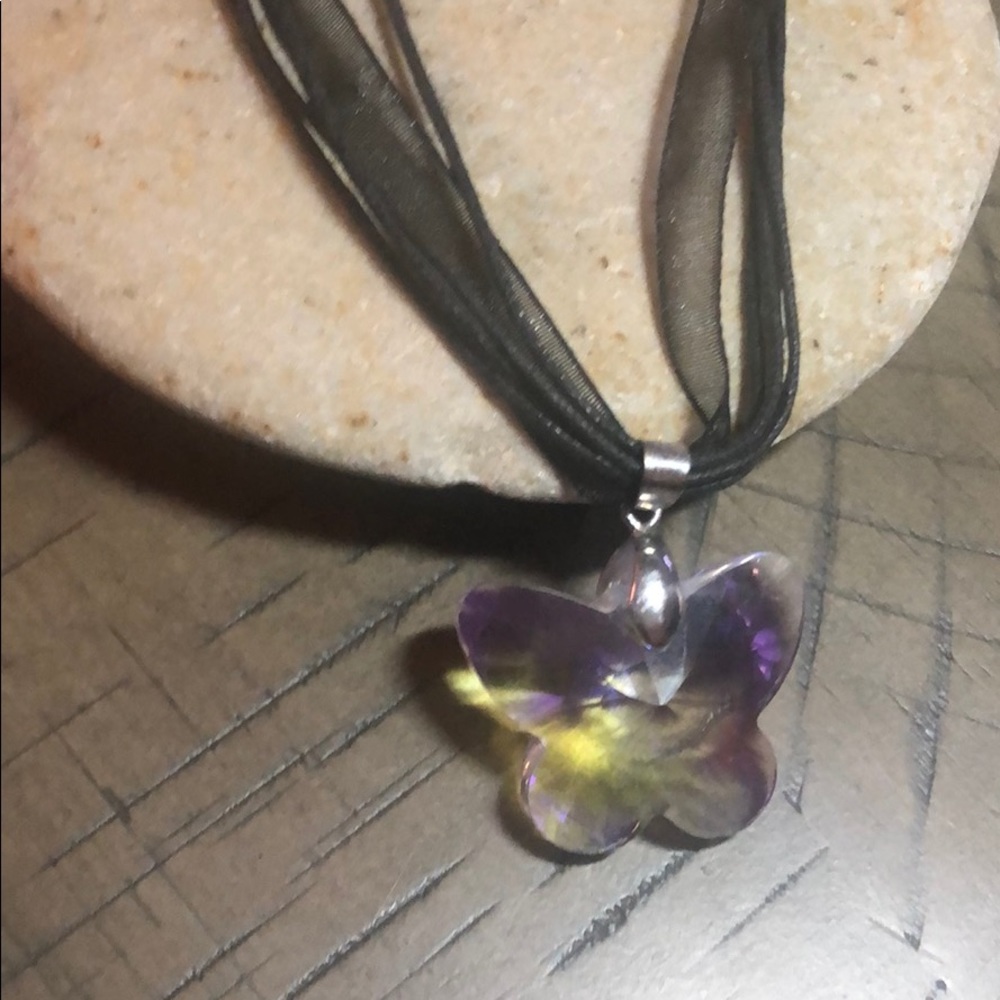💎Glass butterfly on black lace necklace